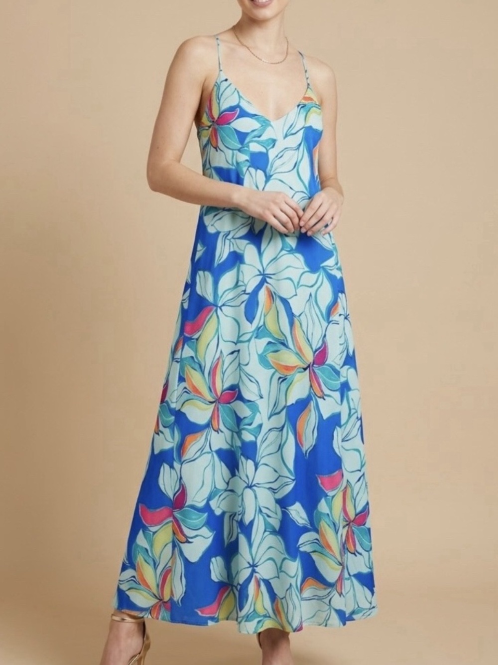 Tahari ASL Size L Blue Cobalt Multi Floral Maxi Dress Built-In Bra Pockets